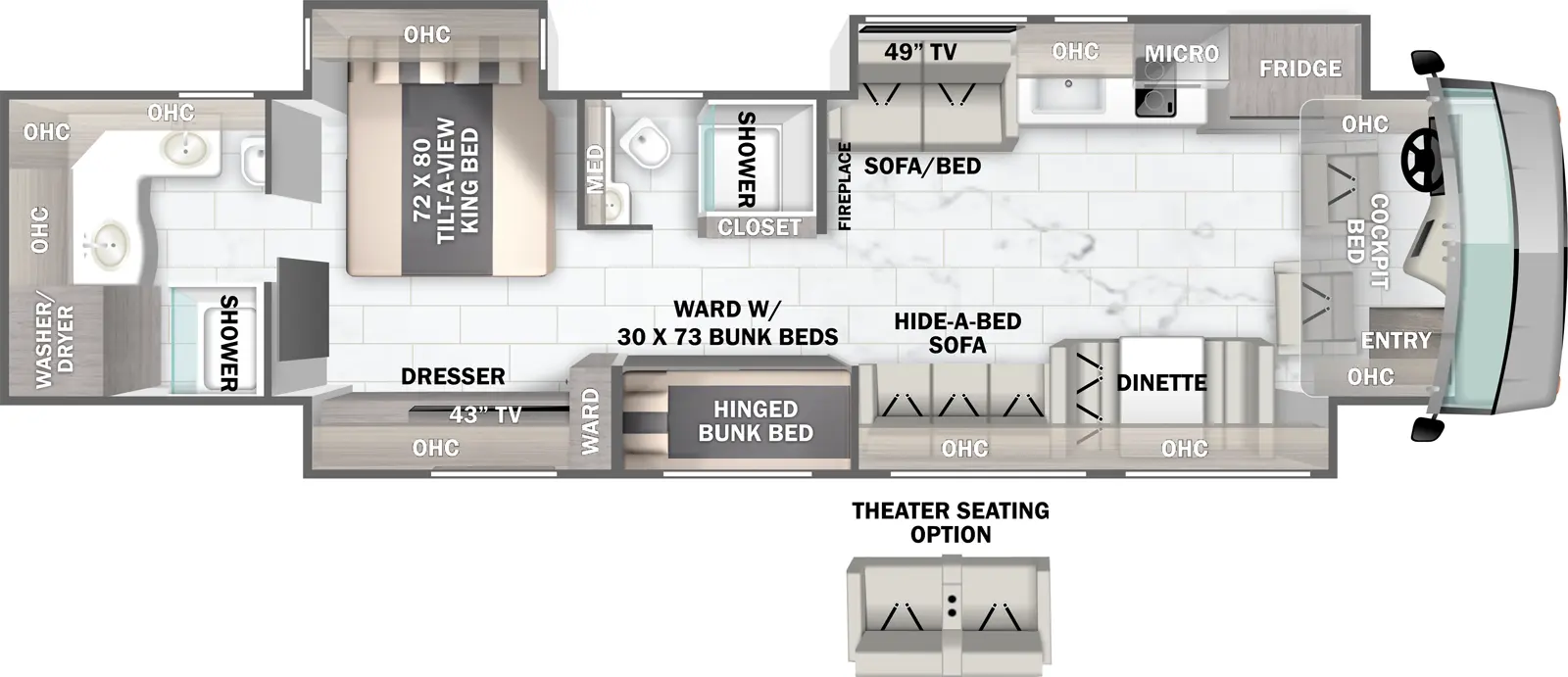 The Berkshire XLT 45CA floorplan has one entry and three slide outs. Exterior features include: 18' & 56" Door Awning awning and outside entertainment. Interiors features include: bunk beds, two full bathrooms and bunk over cab.